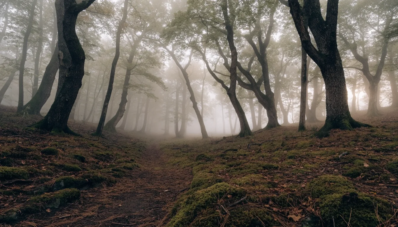 A misted forest path in Slovenia at first light, wet gravel and low branches under an overcast sky.