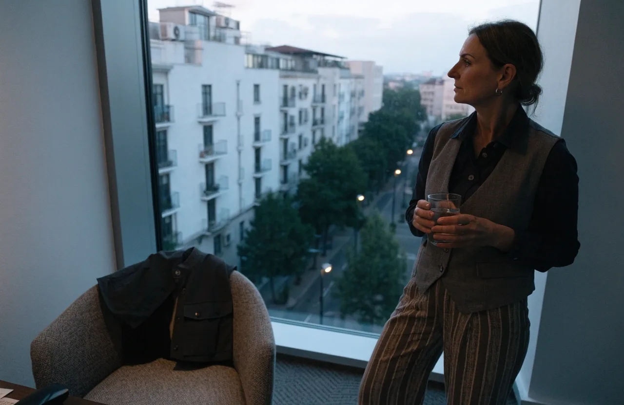 A quiet workstation by a large office window with a walking jacket over the chair