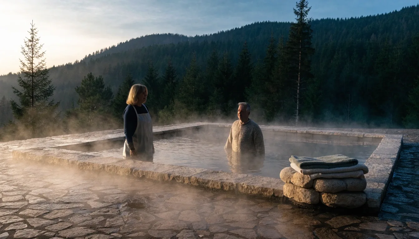 Hand pouring thermal mineral water into a stoneware cup on a slate ledge with steam in cold light