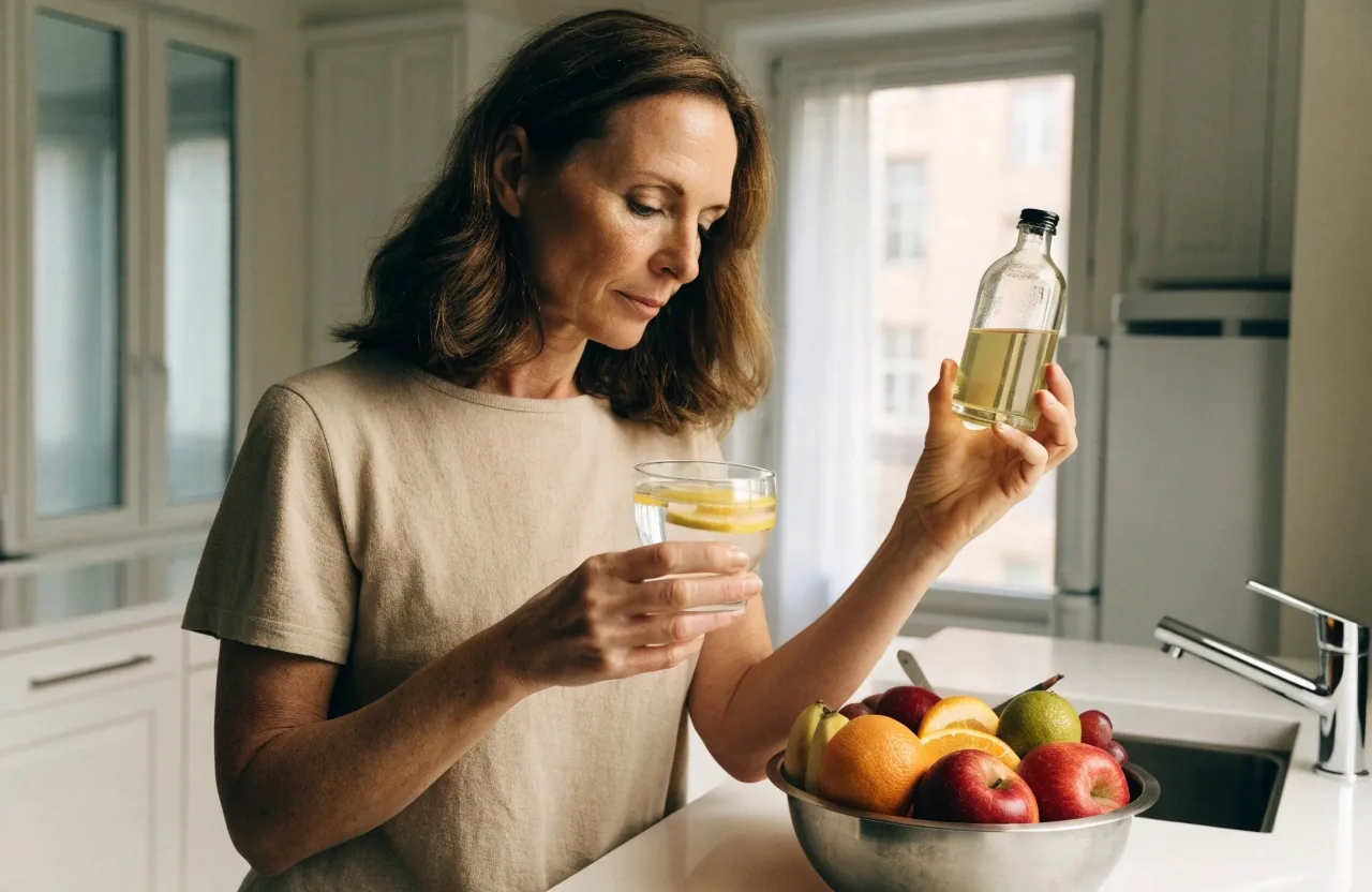 A small plain glass bottle and a glass of water with lemon on a kitchen counter in morning light