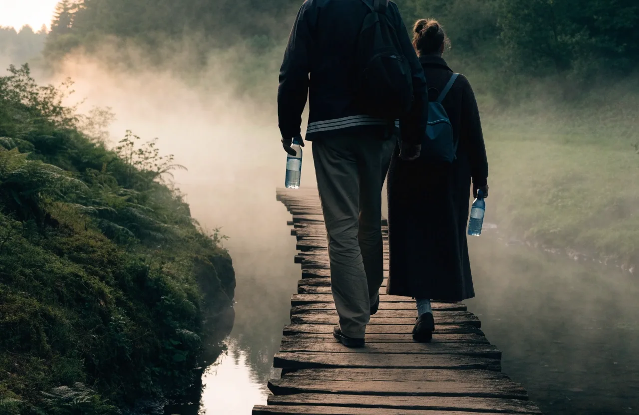 Two adults walking a wet forest path in Slovenia at first light, seen from behind
