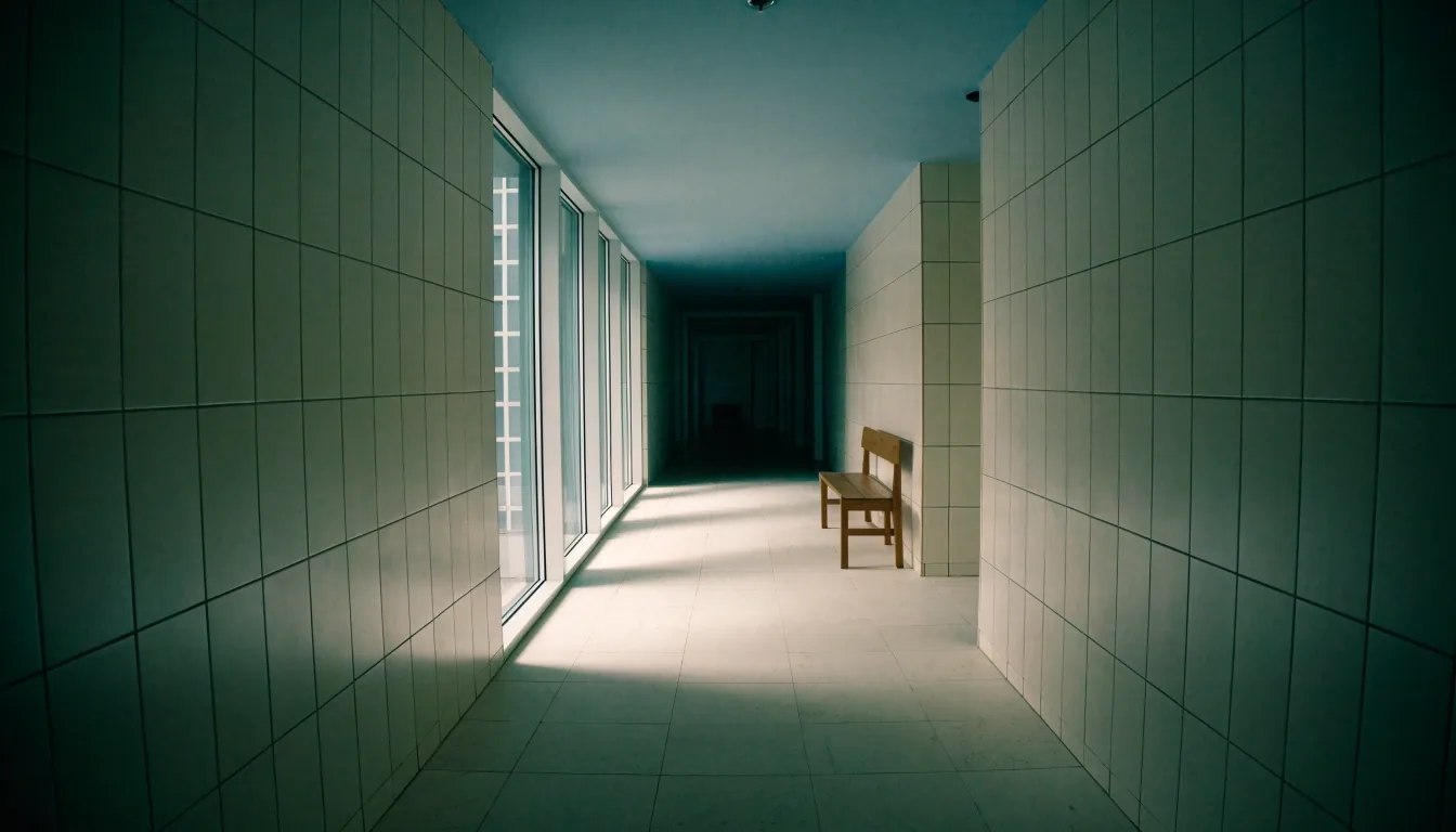 An empty tiled spa corridor at early morning with cold window light across the floor