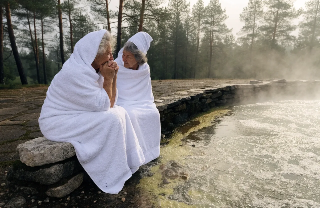 Empty thermal water basin at a Slovenian health resort in cold early morning light