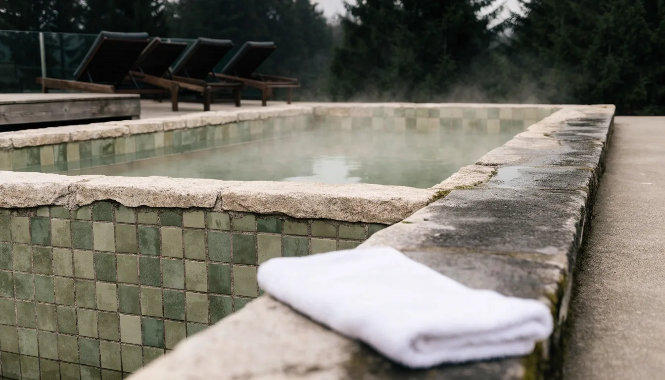 Still thermal basin water under cool morning light at a Slovenian spa